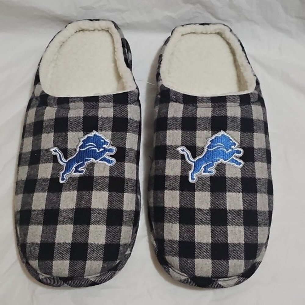 FOCO Men's XL 13-14 NFL Detroit Lions Sherpa Lined Buffalo Check Slippers NWOT